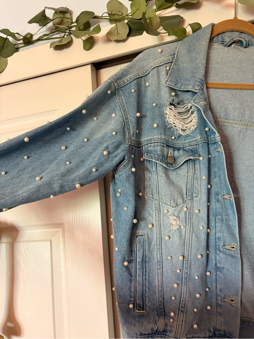 Free People Light Blue Pearl-Embellished Distressed Denim Jacket - Picture 2 of 4